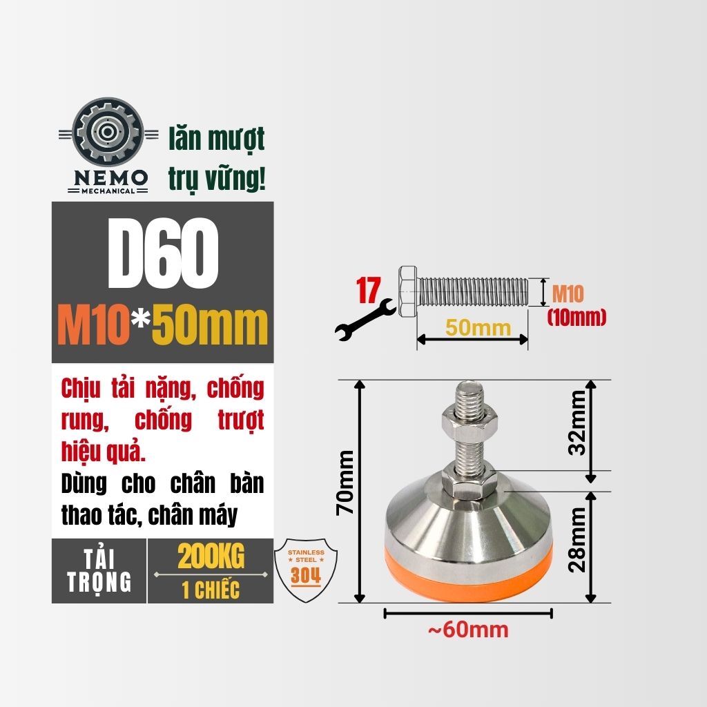 Chân Tăng Chỉnh Inox 304 Ren M10 – Chống Gỉ Tuyệt Đối, Đế Bát Dày Chịu Tải Nặng